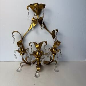 ANTIQUE GOLD TOLE GILT ITALIAN METAL CANDLE HOLDER SCONCE W/CRYSTALS